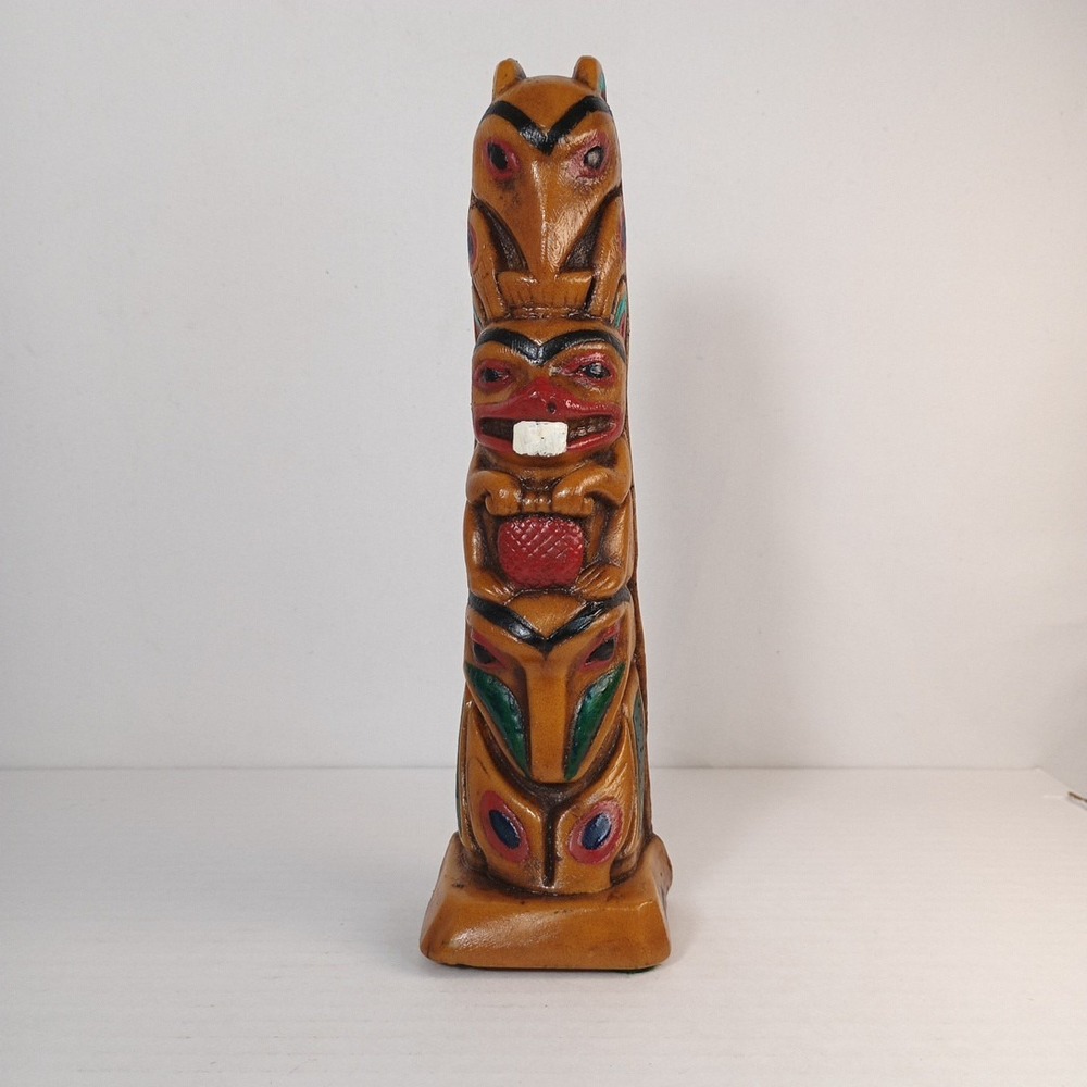 VTG Raven Alaskan Hand Painted Wood Carved Eagle Beaver & Bear Totem Pole 1985 - Picture 1 of 8